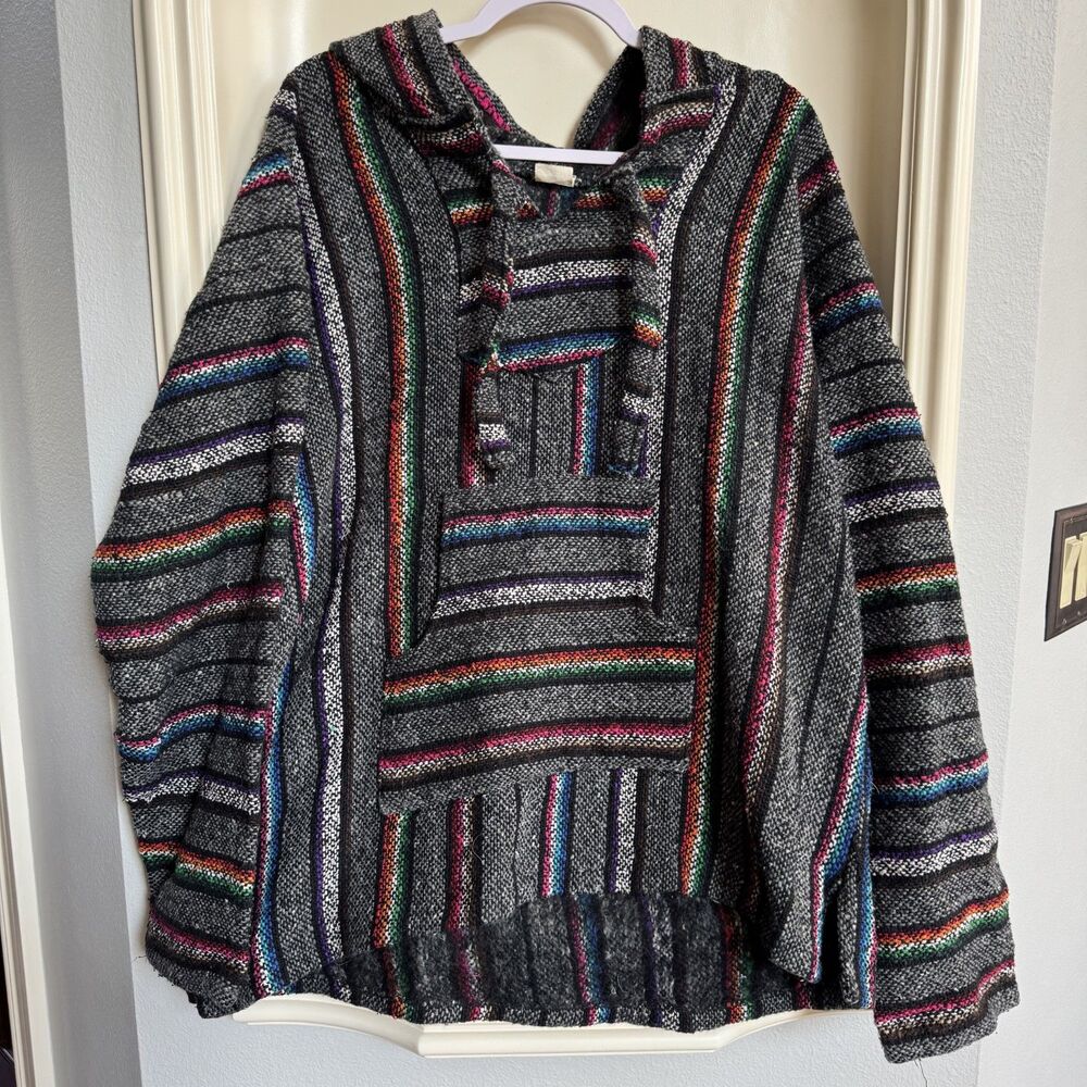 Baja Hoodie "Drug Rug" Hoodie Gray and Rainbow Stripe Size XL